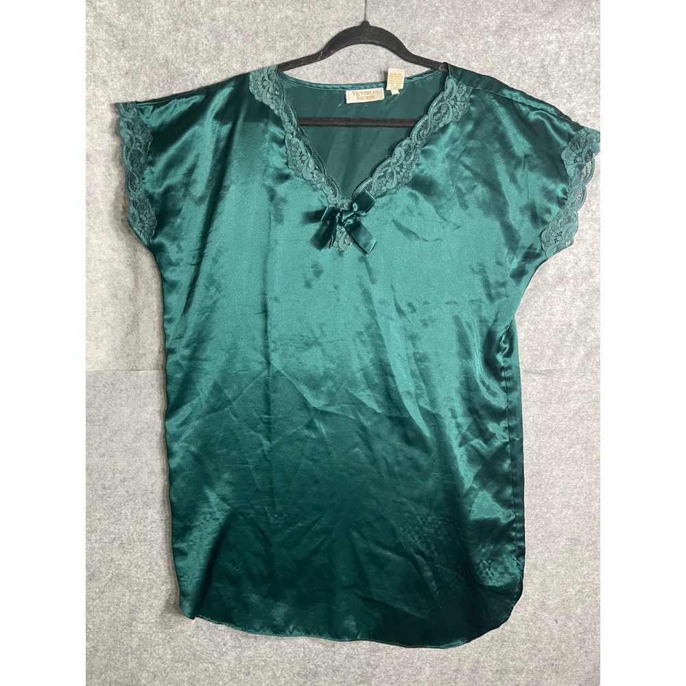 Vintage Victorias‎ Secret Gold Label Emerald Green Satin Lace Nightgown Medium